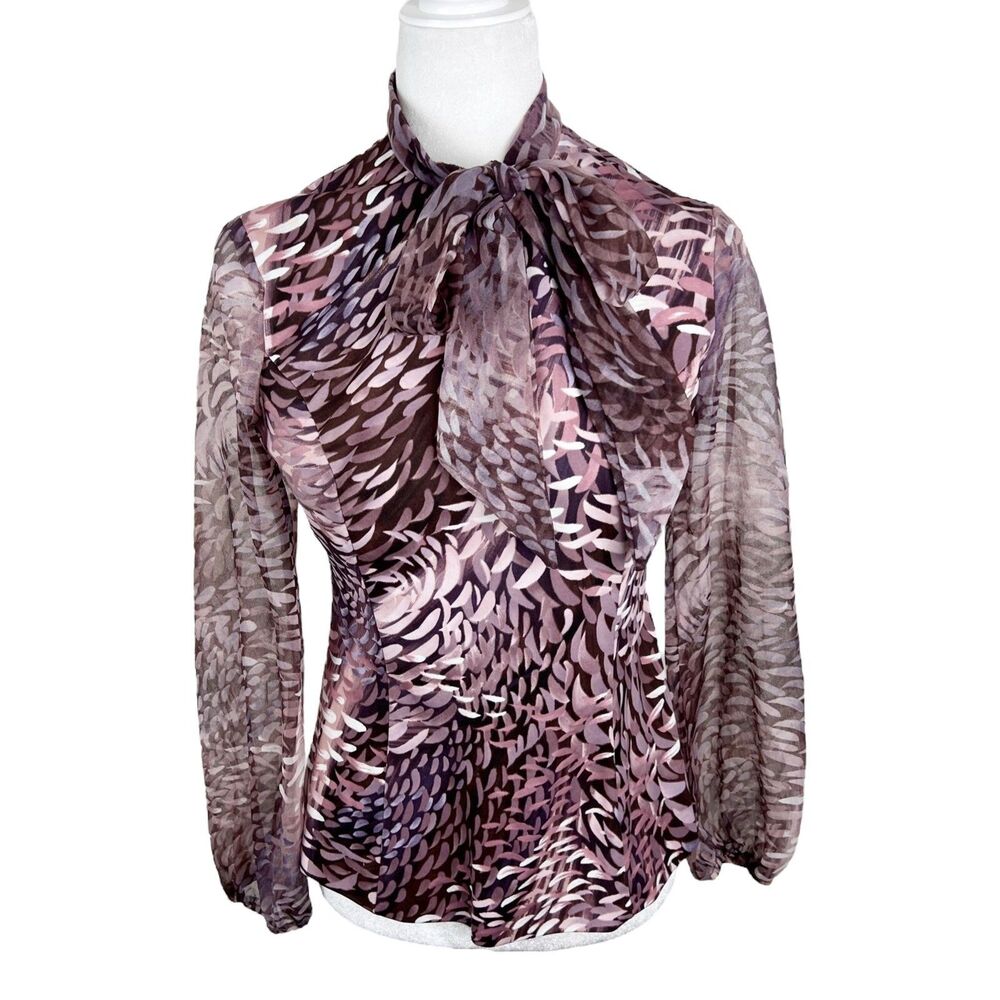 Vintage Hal Ferman Blouse Women 12 Purple Graphic Print Long Sleeve 70s Union